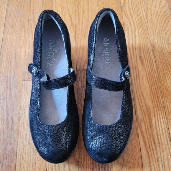 Alegria Black Metallic Floral Rose Leather Mary Jane Wedge Heels 8.5 FLA 553 - Picture 2 of 10